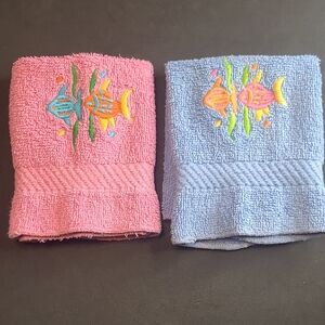 Bibb Tropical Fish Embroidered Washcloths Set Of 2, Pink And Blue